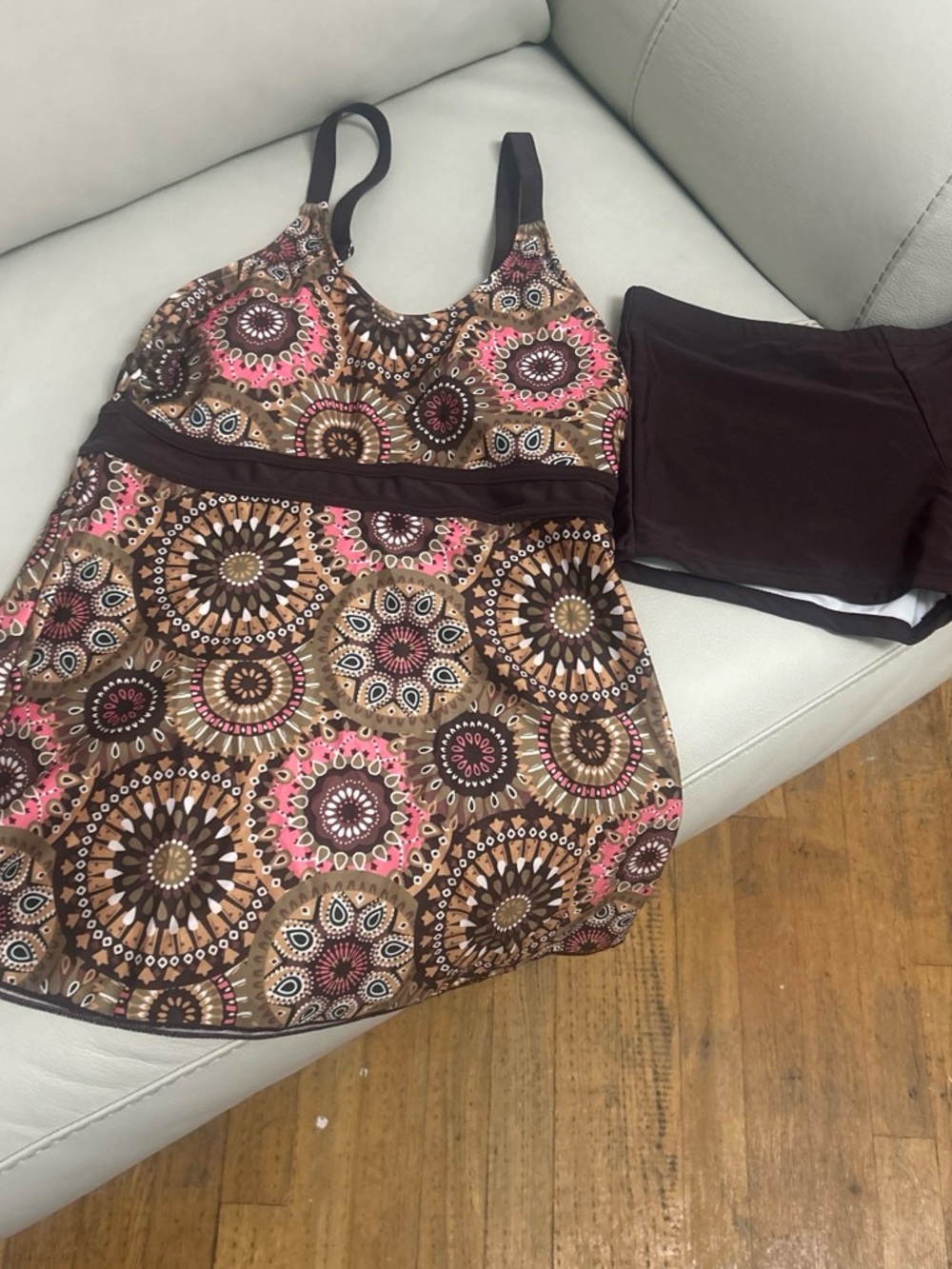 Women’s Brown & Pink Patterned Tankini Swim Top with Solid Brown Swim Shorts